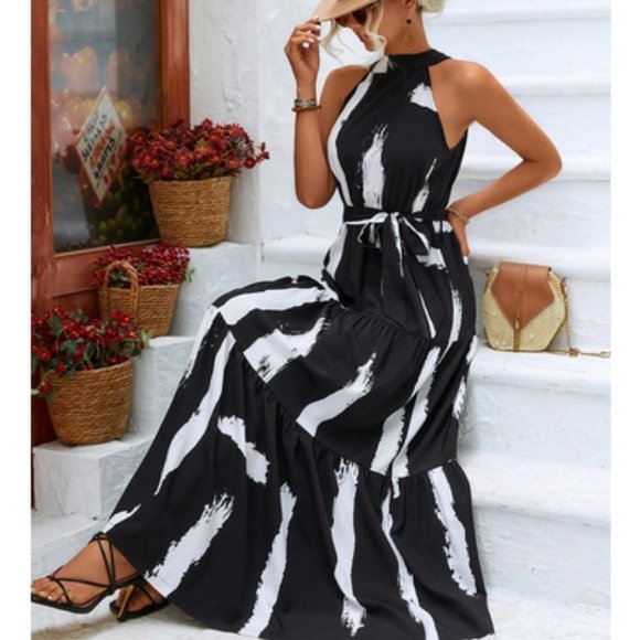 . Dresses & Skirts - Black Preppy Womens Brush Print Ruffle Hem Belted Halter maxi Dress